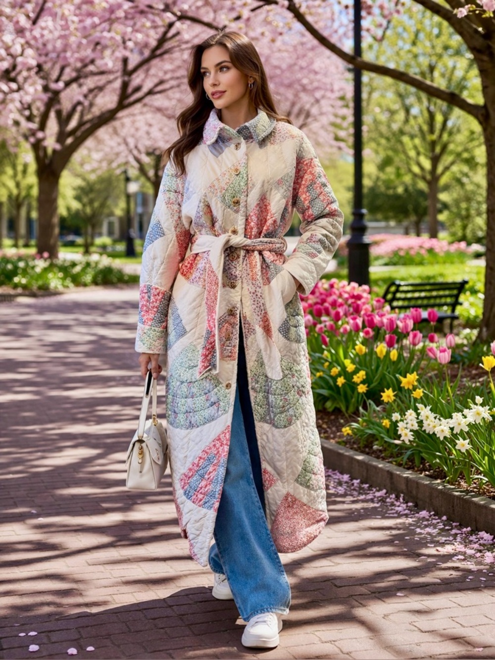 💕SOLD 🧵HANDMADE Fan Patchwork Long Quilt Belted Coat in Pastel Floral S/M - Picture 2 of 16